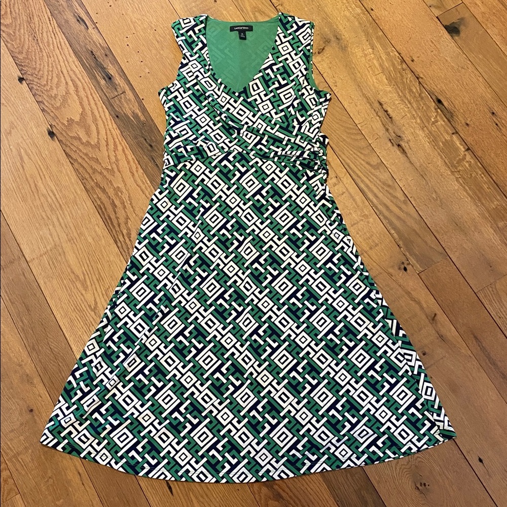 Lands End Fit & Flare Faux Wrap Kelly Green White Geo AOP Dress 6-8 SMALL